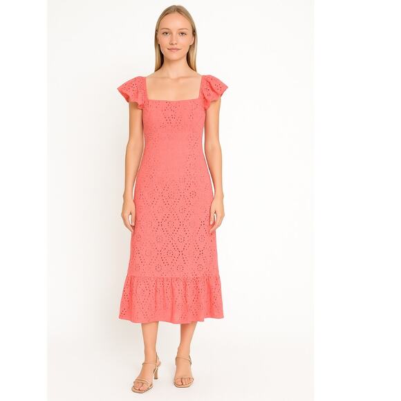 Theia Eyelet Ruffle Maxi Dress 4 Pink - Picture 1 of 8